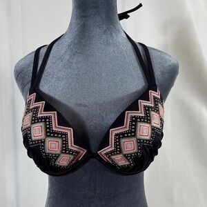 Shade & Shore Black Swim Top with Pink and Teal Embroidery & Stud Accents